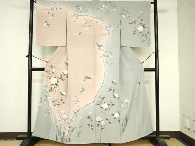 平和屋着物●京友禅工芸作家 小宮山彌一 訪問着 花鳥文 暈し染め 正絹 逸品 DABI5194op