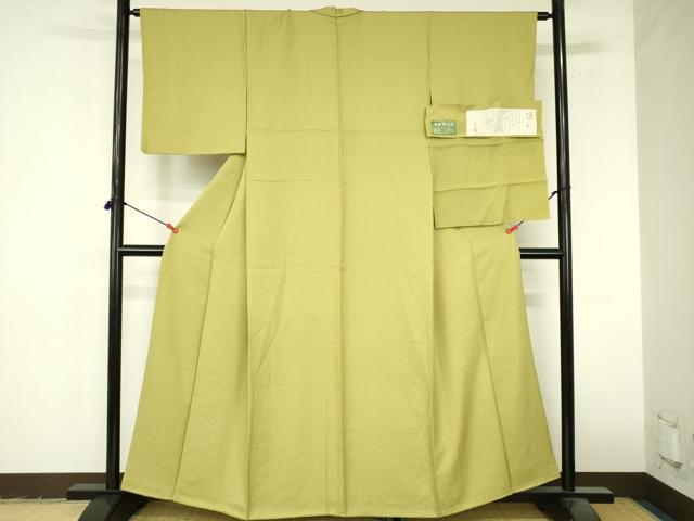 平和屋着物●上質な色無地 本草木染 霞地紋 青朽葉色 反端付き 正絹 逸品 DABI5226op