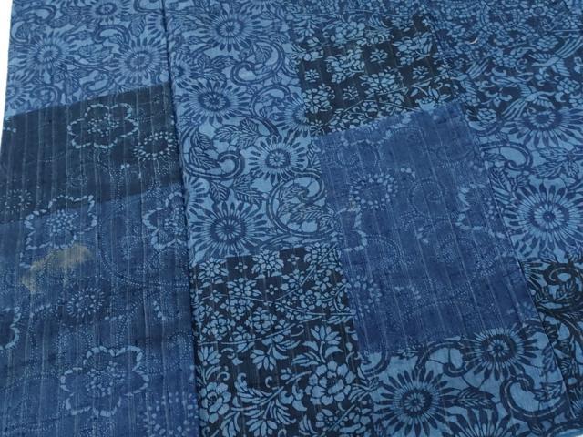 平和屋着物●上質な小紋 紬地 藍 型染 花唐草文 正絹 逸品 DABI5275op