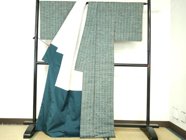 平和屋着物●上質な紬 花織 変わり格子 正絹 逸品 DABI5306op