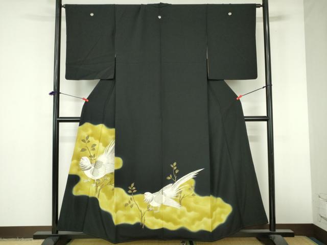平和屋着物▼豪華黒留袖 刺繍 枝葉に尾長鳥 暈し染め 金銀糸 正絹 逸品 DABI5352op