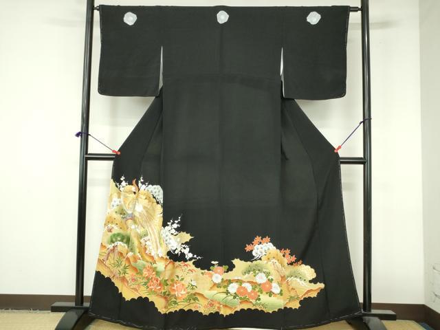 平和屋着物▼豪華黒留袖 刺繍 尾長鳥花文 金銀糸 正絹 逸品 DABI5353op