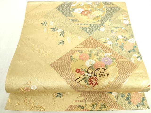 平和屋本店▼六通柄袋帯 唐織 雪輪飛鶴花文 本金箔 正絹 逸品 DABI5416op