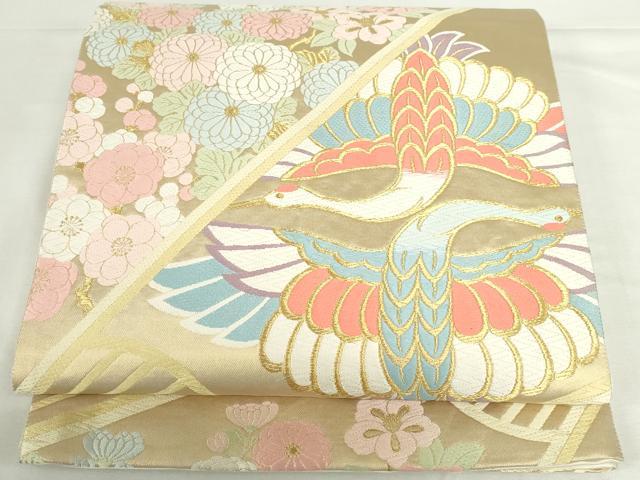 平和屋本店▼六通柄袋帯 唐織 双鶴花文 純金箔 正絹 逸品 DABI5435op