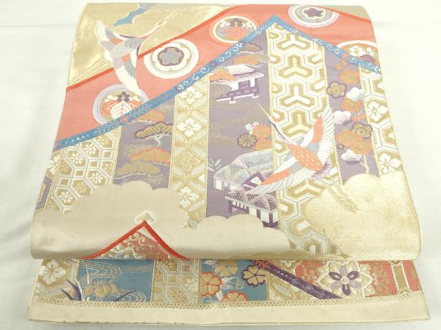 平和屋本店▼六通柄袋帯 唐織 飛鶴吉祥花松文 九百錦 純金箔 正絹 逸品 DABI5449op