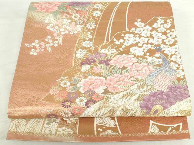 平和屋本店▼六通柄袋帯 唐織 熨斗孔雀花文 全面純金箔24K使用 正絹 逸品 DABI5483op