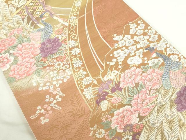 平和屋本店▼六通柄袋帯 唐織 熨斗孔雀花文 全面純金箔24K使用 正絹 逸品 DABI5483op
