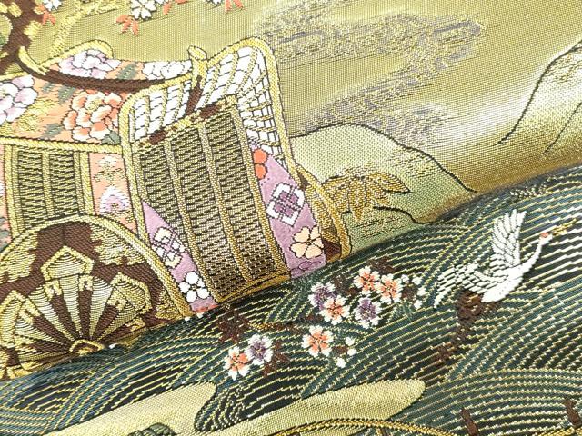 平和屋本店▼六通柄袋帯 唐織 慶宝絵巻 扇面源家春秋文 本金箔二重織 正絹 逸品 DABI5485op
