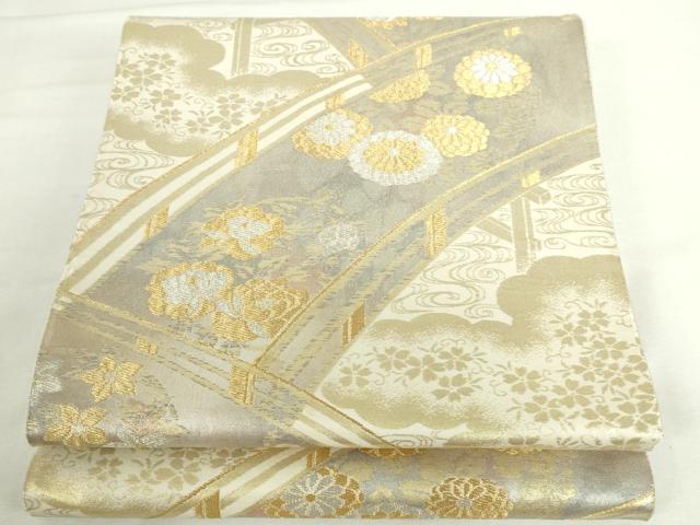 平和屋本店▼六通柄袋帯 渡橋花文 純金箔二重引 24金 正絹 逸品 DABI5496op
