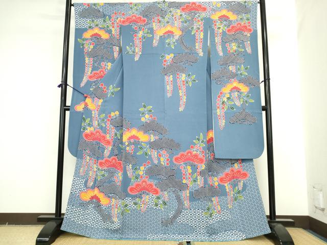 平和屋着物●和染紅型 栗山紅型 栗山吉三郎 振袖 雲取花文 鬼しぼ縮緬 正絹 逸品 DABI5569op