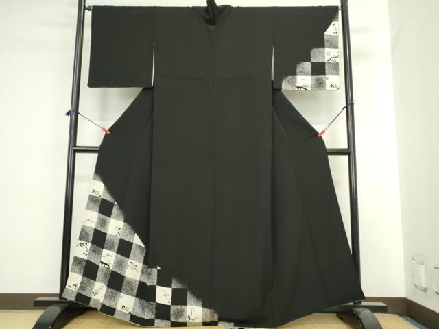 平和屋着物●訪問着 市松花文 黒地 鬼しぼ縮緬 正絹 逸品 DABI5571op