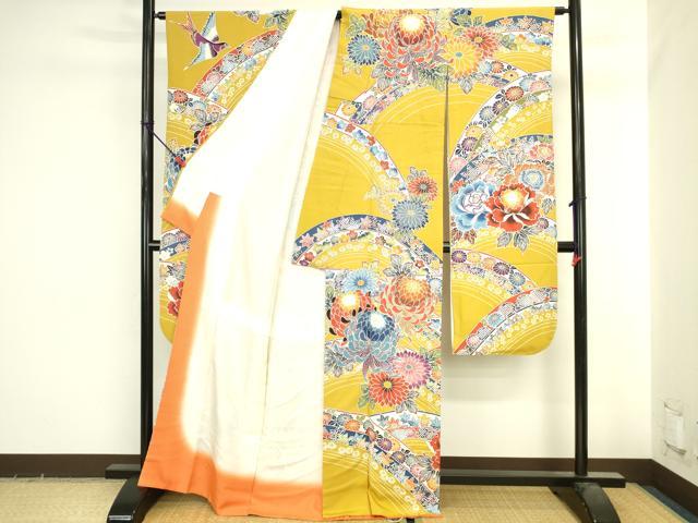 平和屋着物●豪華振袖 紅型 乱菊 花鳥文 正絹 逸品 DABI5583op