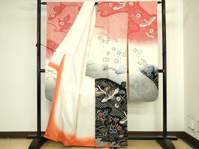 平和屋着物●豪華振袖 総絞り 飛鶴花唐草文 暈し染め 金彩 正絹 逸品 DABI5593op