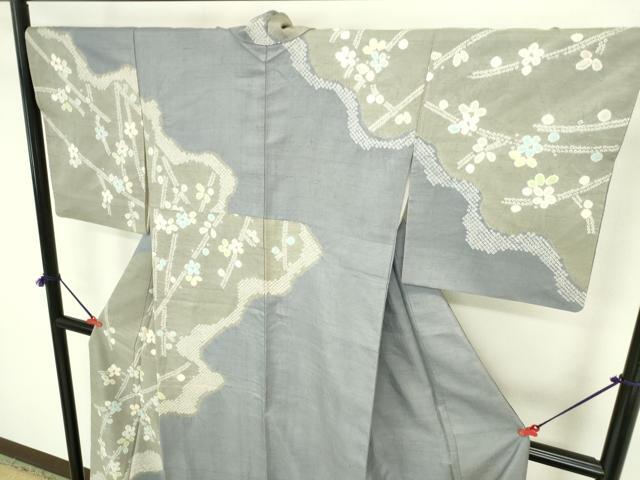 平和屋着物●訪問着 紬地 絞り 道長花文 反端付き 正絹 逸品 DABI5617op