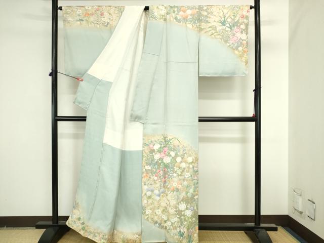 平和屋着物●東京手描友禅 安達雅一 訪問着 刺繍 草花 暈し染め 金彩 正絹 逸品 未使用 DABI5623op