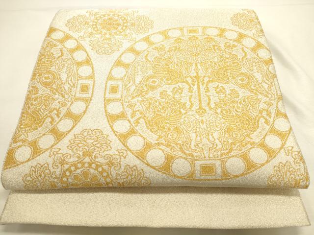 平和屋本店▼太鼓柄袋帯 綴れ 動物花丸文 本金糸24K 正絹 逸品 DABI5700op