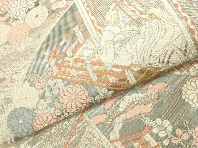 平和屋本店▼六通柄袋帯 人物風景花文 本金二丁箔 正絹 逸品 DABI5725op
