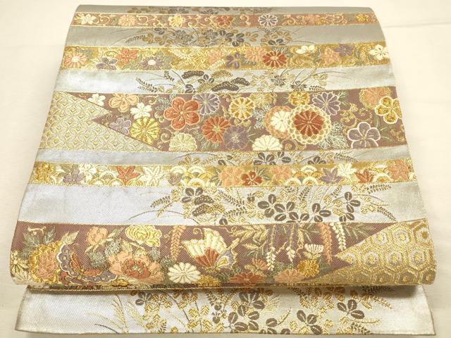 平和屋本店▼六通柄袋帯 唐織 横段花蝶文 本金摺箔 正絹 逸品 DABI5737op