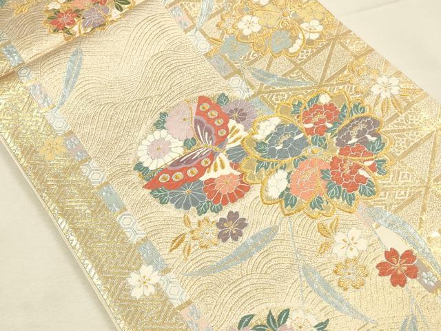 平和屋本店▼六通柄袋帯 唐織 胡蝶献上文 本金箔 正絹 逸品 DABI5768op