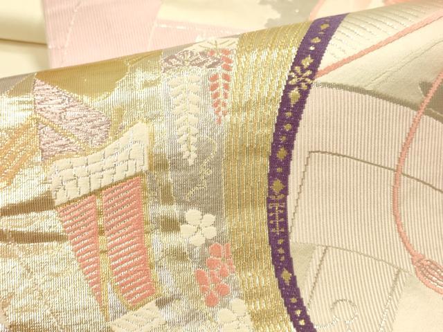 平和屋本店▼六通柄袋帯 唐織 扇面御所車花文 シルエット 純金箔24K 正絹 逸品 DABI5775op