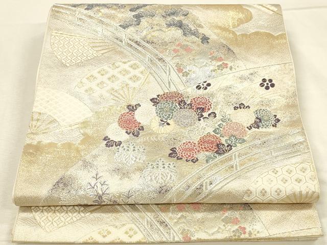 平和屋本店▼六通柄袋帯 唐織 橋扇秋花文 本金箔 正絹 逸品 DABI5778op