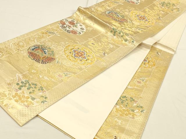平和屋本店▼六通柄袋帯 唐織 華蒔繪 双蝶花文 本金箔 正絹 逸品 DABI5789op