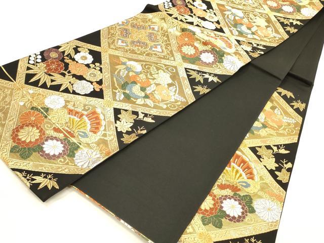 平和屋本店▼六通柄袋帯 唐織 春秋菱華文 本金二重箔 黒地 正絹 逸品 未使用 DABI5793op