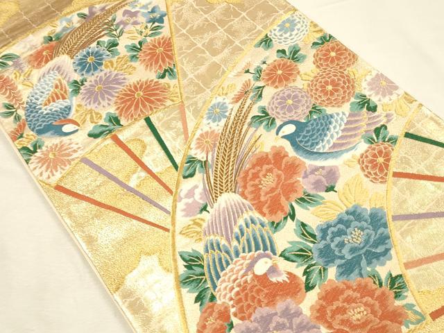 平和屋本店▼六通柄袋帯 唐織 扇面花鳥文 本金箔 正絹 逸品 DABI5795op