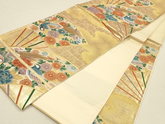平和屋本店▼六通柄袋帯 唐織 扇面花鳥文 本金箔 正絹 逸品 DABI5795op