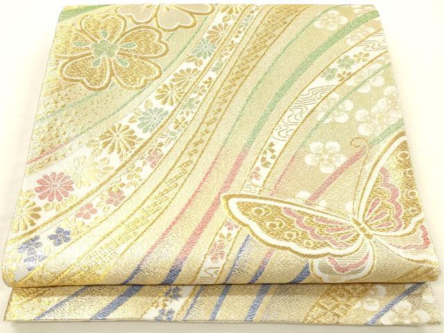 平和屋着物▼両面 六通柄袋帯 舞蝶花文 金糸 正絹 逸品 DABI5819op