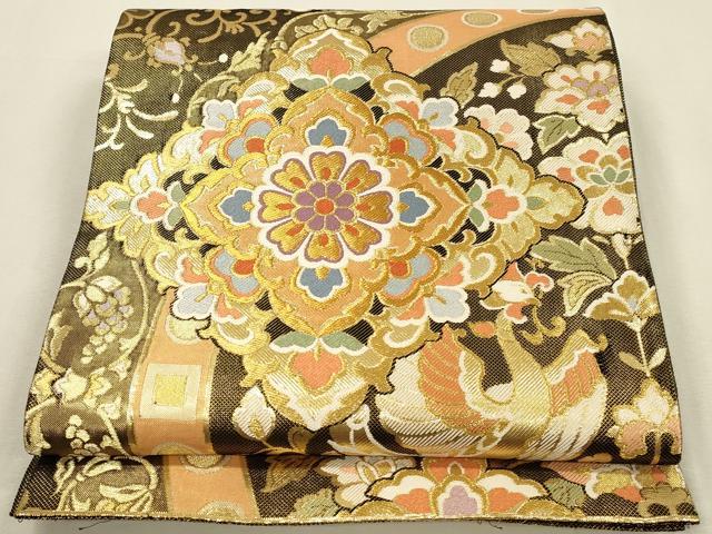 平和屋着物▼佐賀錦 六通柄袋帯 花鳥菱文 金糸 正絹 逸品 DABI5861op
