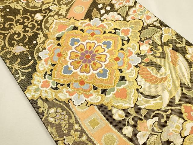 平和屋着物▼佐賀錦 六通柄袋帯 花鳥菱文 金糸 正絹 逸品 DABI5861op