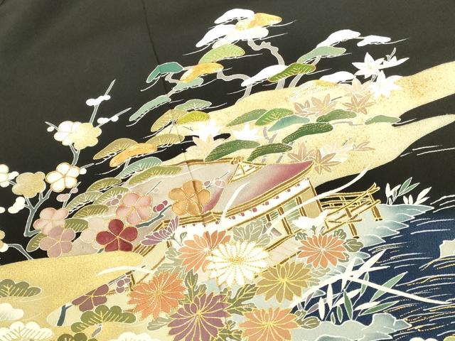 平和屋着物●創業460年・千總 黒留袖 駒刺繍 風景花松文 暈し染め 金彩 正絹 逸品 DABI5863op