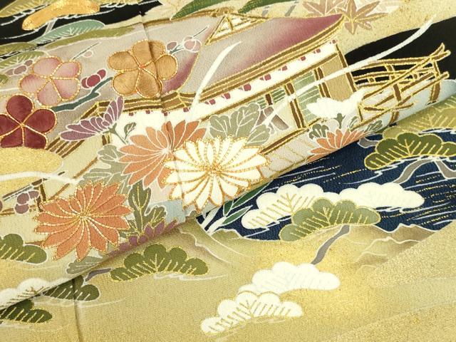 平和屋着物●創業460年・千總 黒留袖 駒刺繍 風景花松文 暈し染め 金彩 正絹 逸品 DABI5863op