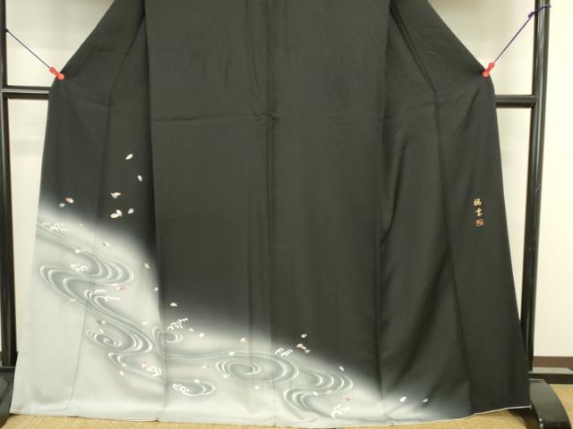 平和屋着物●訪問着 作家物 立波舞桜文 枝垂れ花 暈し染め 黒地 金彩 ロング丈 正絹 逸品 DABI5888op