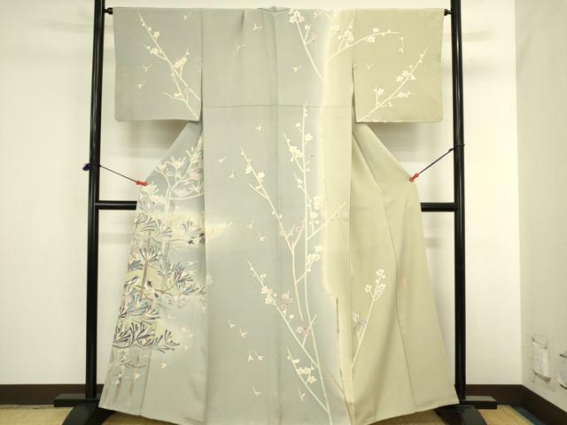平和屋着物●本加賀友禅作家 岡崎重雄 訪問着 枝に小鳥 草花文 暈し染め 正絹 逸品 DABI5899op