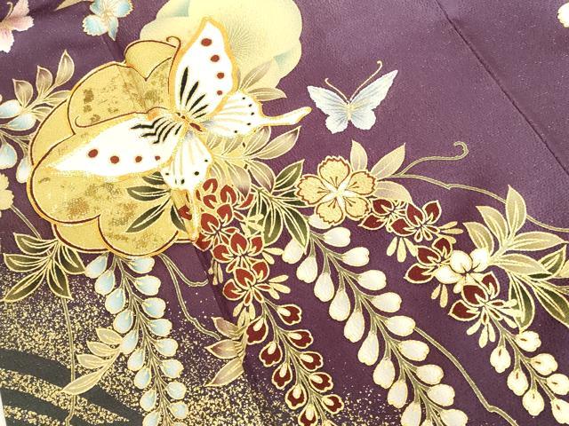 平和屋着物●豪華振袖 駒刺繍 舞蝶枝垂れ藤文 金彩 金通し地 正絹 逸品 DABI5912op