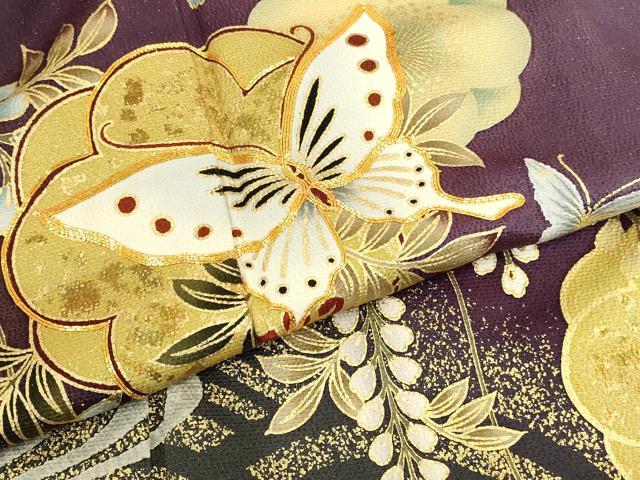 平和屋着物●豪華振袖 駒刺繍 舞蝶枝垂れ藤文 金彩 金通し地 正絹 逸品 DABI5912op