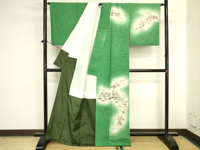 平和屋着物●訪問着 紬地 手描き 草花文 暈し染め 金彩 正絹 逸品 DABI5956op