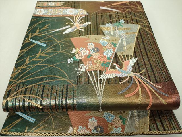 平和屋着物▼六通柄袋帯 唐織 扇面鳳凰花文 金銀糸 引箔 正絹 逸品 DABI6027ps