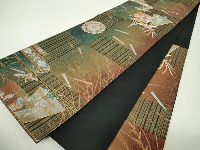 平和屋着物▼六通柄袋帯 唐織 扇面鳳凰花文 金銀糸 引箔 正絹 逸品 DABI6027ps