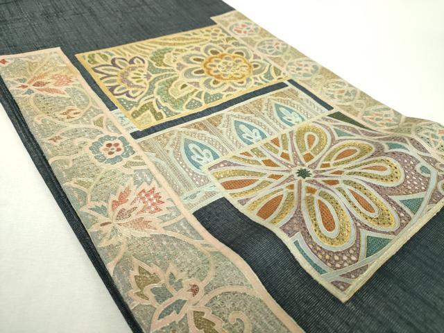 平和屋着物●中国三大刺繍 スワトウ 汕頭相良刺繍 総刺繍 太鼓柄袋帯 紬地 更紗花文 金銀彩 銀通し地 正絹 逸品 DABI6043ps