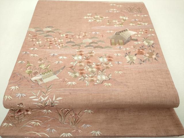 平和屋着物●太鼓柄袋帯 紬地 総刺繍 風景花文 正絹 逸品 DABI6045ps