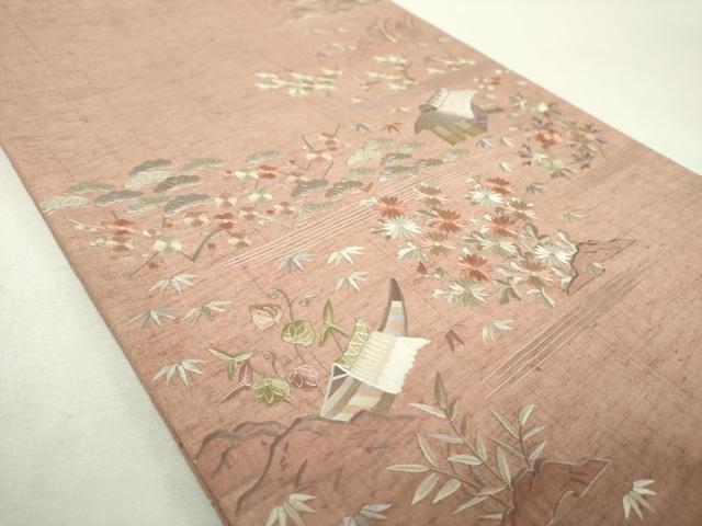 平和屋着物●太鼓柄袋帯 紬地 総刺繍 風景花文 正絹 逸品 DABI6045ps