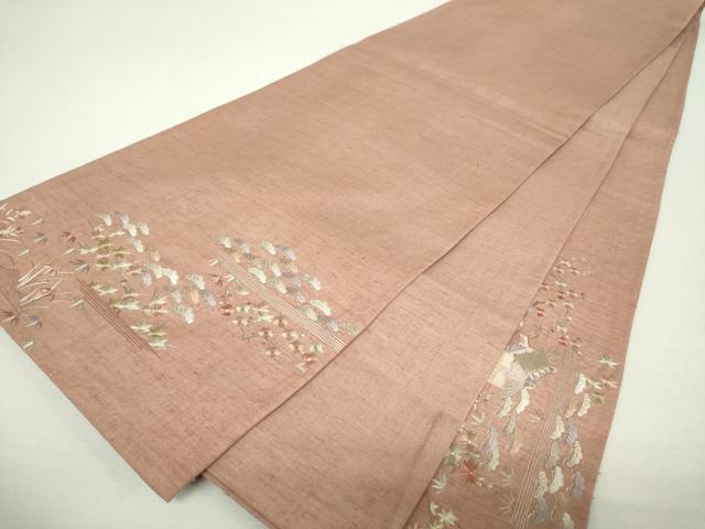平和屋着物●太鼓柄袋帯 紬地 総刺繍 風景花文 正絹 逸品 DABI6045ps