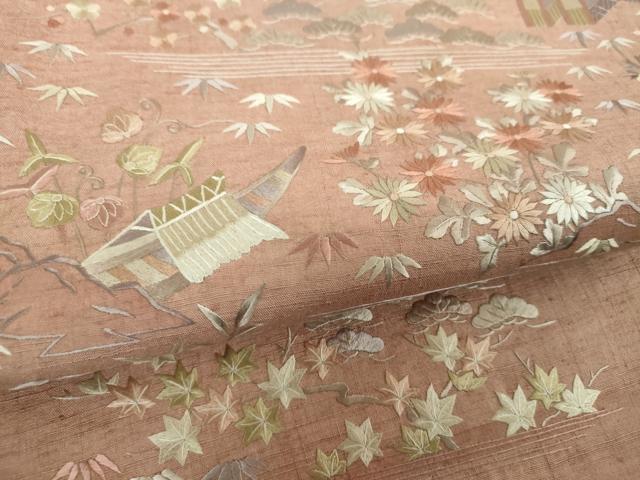 平和屋着物●太鼓柄袋帯 紬地 総刺繍 風景花文 正絹 逸品 DABI6045ps