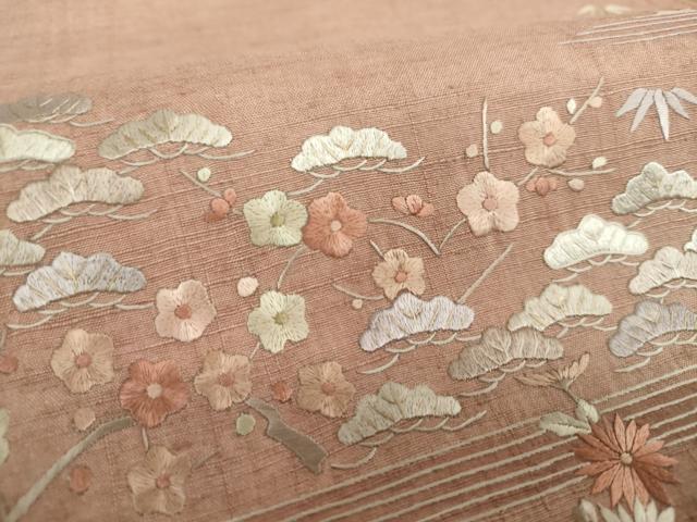 平和屋着物●太鼓柄袋帯 紬地 総刺繍 風景花文 正絹 逸品 DABI6045ps
