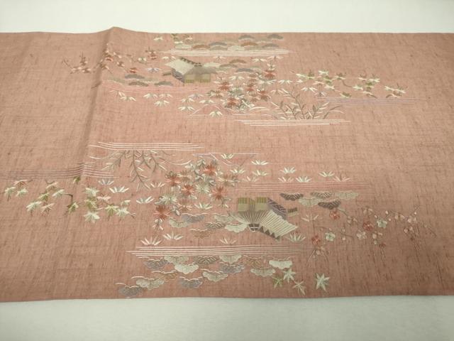 平和屋着物●太鼓柄袋帯 紬地 総刺繍 風景花文 正絹 逸品 DABI6045ps