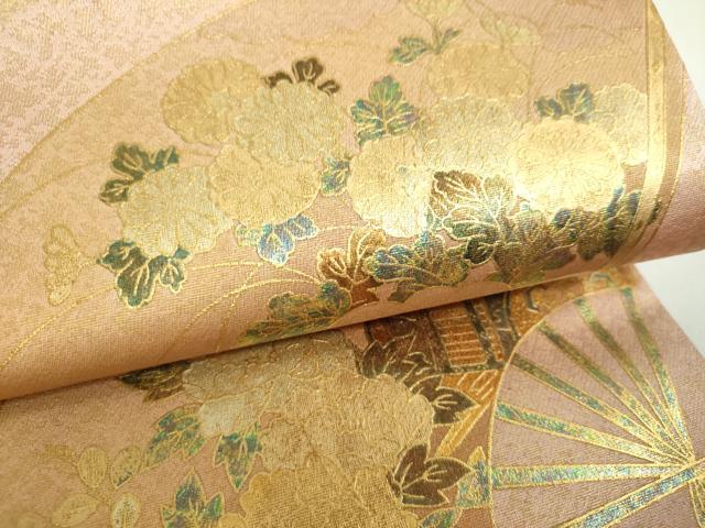 平和屋着物▼太鼓柄袋帯 扇面鴛鴦御所車花文 金彩 正絹 逸品 DABI6049ps