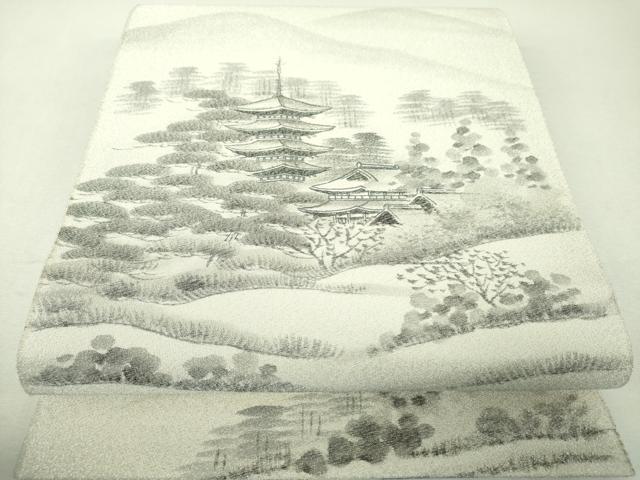 平和屋着物▼綴れ 六通柄袋帯 作家物 手描き 日本風景 銀糸 正絹 逸品 未使用 DABI6051ps